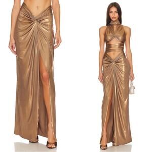 LAPOINTE Twist Sarong Ruched Draped Metallic Pale Gold Maxi Skirt Size 2